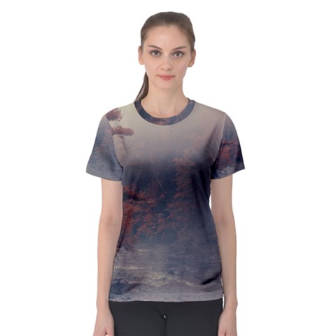 Morning River Forest Autumn Misty Morning Stream Women s Sport Mesh Tee by danenraven