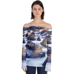 River Nature Stream Brook Water Rocks Landscape Off Shoulder Long Sleeve Top by danenraven