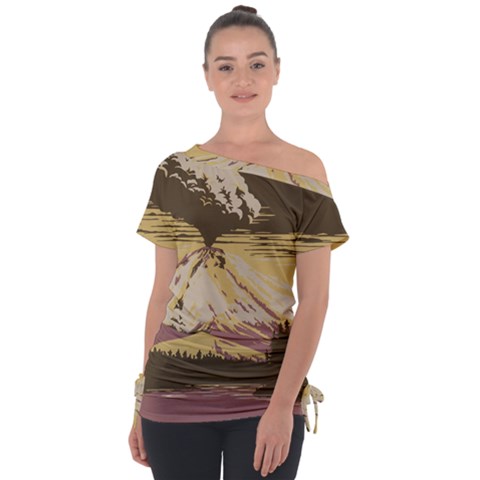 Boom Eruption Forest Mountain News Scary Volcano Off Shoulder Tie-up Tee by danenraven