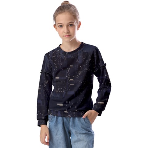 City Night Urban Downtown Science Tower Halo Kids  Long Sleeve Tee With Frill  by danenraven