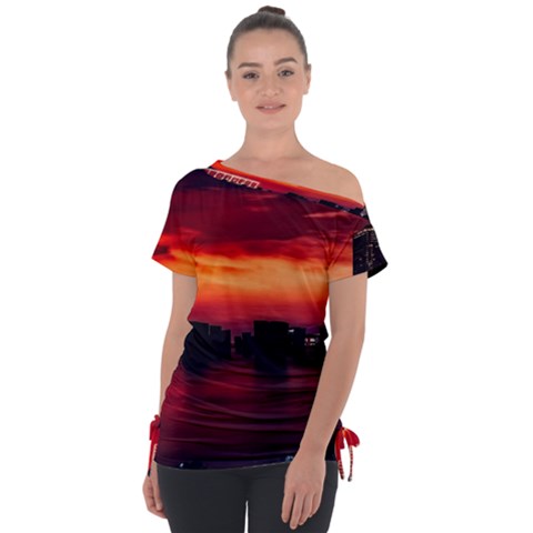 New York City Urban Skyline Harbor Bay Reflections Off Shoulder Tie-up Tee by danenraven