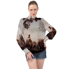 Man Cattle Animals Cows Bulls Calves Mammals High Neck Long Sleeve Chiffon Top by danenraven