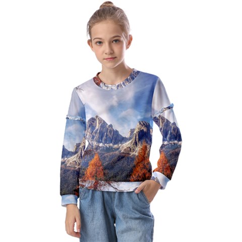 Dolomites Mountains Alps Alpine Trees Conifers Kids  Long Sleeve Tee With Frill  by danenraven