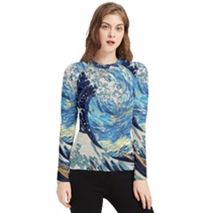 The Great Wave Of Kanagawa Painting Starry Night Vincent Van Gogh Women s Long Sleeve Rash Guard by danenraven