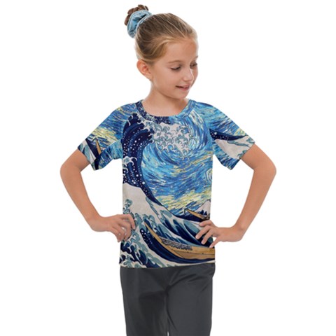 The Great Wave Of Kanagawa Painting Starry Night Vincent Van Gogh Kids  Mesh Piece Tee by danenraven