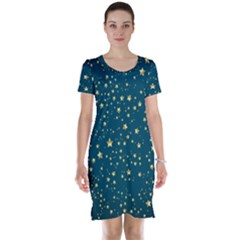 Star Golden Pattern Christmas Design White Gold Short Sleeve Nightdress by Ravend