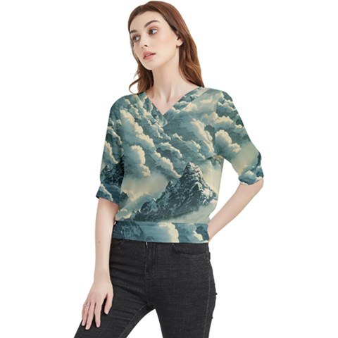 Mountains Alps Nature Clouds Sky Fresh Air Art Quarter Sleeve Blouse by Pakemis