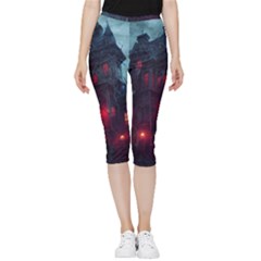 Haunted House Halloween Cemetery Moonlight Inside Out Lightweight Velour Capri Leggings  by Pakemis