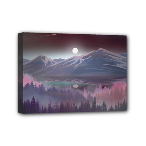 Mountains Nature Forest Moon Landscape Moonlight Mini Canvas 7  X 5  (stretched) by Pakemis