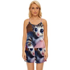 Cute Kitten Kitten Animal Wildlife 3d Satin Pajama Short Set by Pakemis