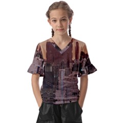 Skyline Skyscrapers Futuristic Sci-fi Panorama Kids  V-neck Horn Sleeve Blouse by Pakemis