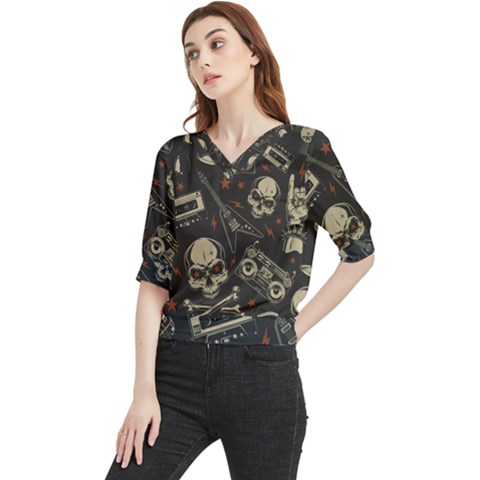 Grunge Seamless Pattern With Skulls Quarter Sleeve Blouse by Pakemis