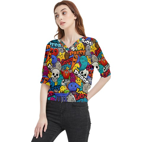 Graffiti Characters Seamless Pattern Quarter Sleeve Blouse by Pakemis