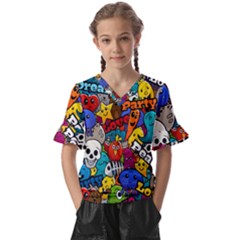 Graffiti Characters Seamless Pattern Kids  V-neck Horn Sleeve Blouse by Pakemis