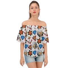 Full Color Flash Tattoo Patterns Off Shoulder Short Sleeve Top by Pakemis