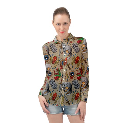 Tattoo Pattern Long Sleeve Chiffon Shirt by Pakemis