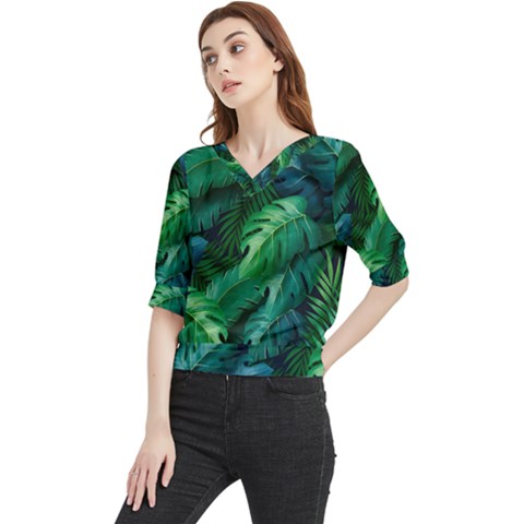 Tropical Green Leaves Background Quarter Sleeve Blouse by Pakemis