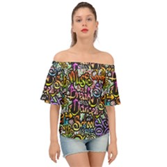 Graffiti Word Seamless Pattern Off Shoulder Short Sleeve Top by Pakemis