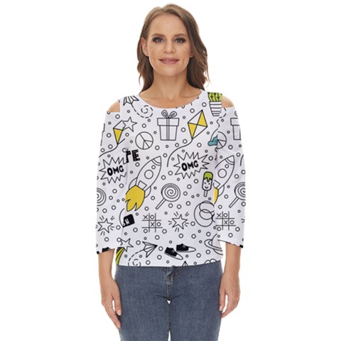 Set Cute Colorful Doodle Hand Drawing Cut Out Wide Sleeve Top by Pakemis