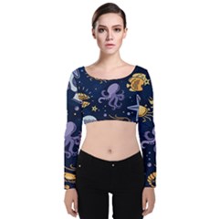 Marine Seamless Pattern Thin Line Memphis Style Velvet Long Sleeve Crop Top by Pakemis