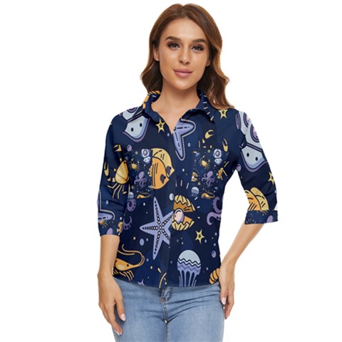 Marine Seamless Pattern Thin Line Memphis Style Women s Quarter Sleeve Pocket Shirt by Pakemis