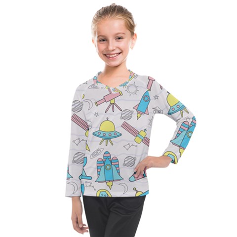 Cute-seamless-pattern-with-space Kids  Long Mesh Tee by Pakemis