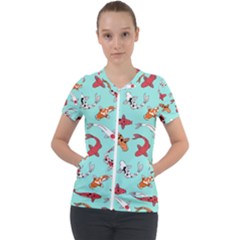 Pattern-with-koi-fishes Short Sleeve Zip Up Jacket by Pakemis