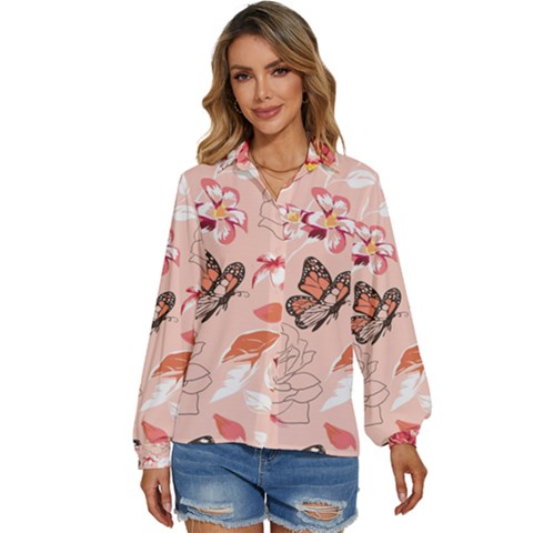 Beautiful-seamless-spring-pattern-with-roses-peony-orchid-succulents Women s Long Sleeve Button Down Shirt by Pakemis