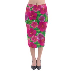 Background-cute-flowers-fuchsia-with-leaves Midi Pencil Skirt by Pakemis