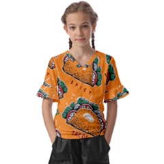 Seamless Pattern With Taco Kids  V-neck Horn Sleeve Blouse by Pakemis