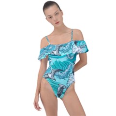 Sea-waves-seamless-pattern Frill Detail One Piece Swimsuit by Pakemis