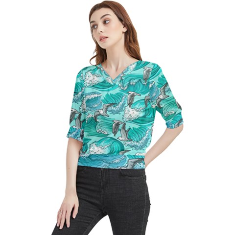 Sea-waves-seamless-pattern Quarter Sleeve Blouse by Pakemis