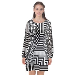 Black And White Long Sleeve Chiffon Shift Dress  by gasi