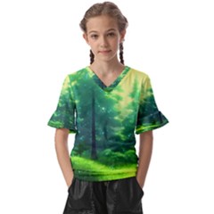 Anime Forrest Nature Fantasy Sunset Trees Woods Kids  V-neck Horn Sleeve Blouse by Uceng