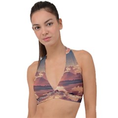 Sunset River Sky Clouds Nature Nostalgic Mountain Halter Plunge Bikini Top by Uceng