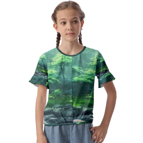 River Forest Woods Nature Rocks Japan Fantasy Kids  Cuff Sleeve Scrunch Bottom Tee by Uceng