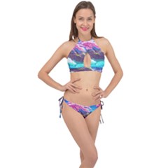 Fantasy Japan Mountains Cherry Blossoms Nature Cross Front Halter Bikini Set by Uceng