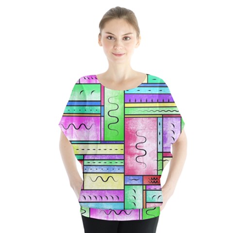 Colorful Pattern Batwing Chiffon Blouse by gasi