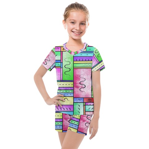 Colorful Pattern Kids  Mesh Tee And Shorts Set by gasi