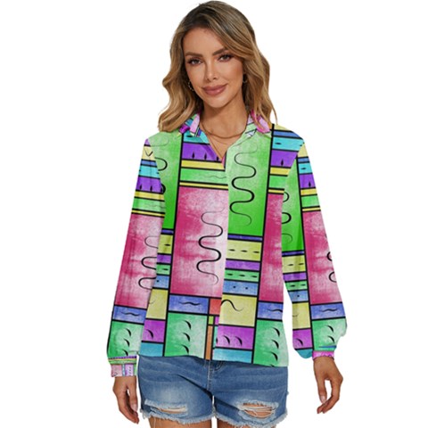 Colorful Pattern Women s Long Sleeve Button Down Shirt by gasi