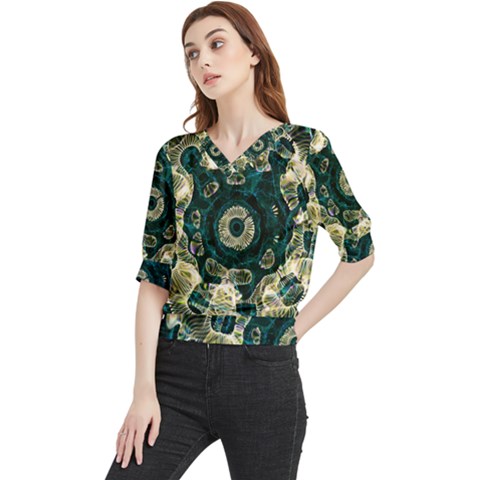 Fractal Glowing Kaleidoscope Wallpaper Art Design Quarter Sleeve Blouse by Pakemis