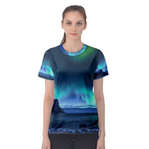 Green Aurora Lights-over Rocky Shore During Night Time Women s Sport Mesh Tee by danenraven