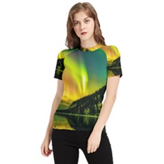 Scenic View Of Aurora Borealis Stretching Over A Lake At Night Women s Short Sleeve Rash Guard by danenraven