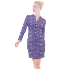 Seamless Pattern Floral Background Violet Background Button Long Sleeve Dress by artworkshop