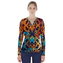 Orange, Turquoise And Blue Pattern  V-neck Long Sleeve Top by Sobalvarro