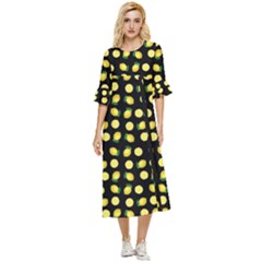 Yellow Lemon And Slices Black Double Cuff Midi Dress by FunDressesShop