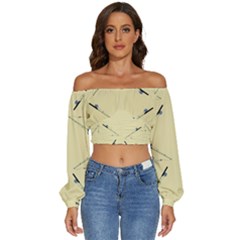 Fishing Rods Pattern Brown Long Sleeve Crinkled Weave Crop Top by TetiBright