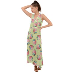 Colorful Easter Eggs Pattern Green V-neck Chiffon Maxi Dress by TetiBright