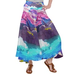 Fantasy Japan Mountains Cherry Blossoms Nature Satin Palazzo Pants by Uceng