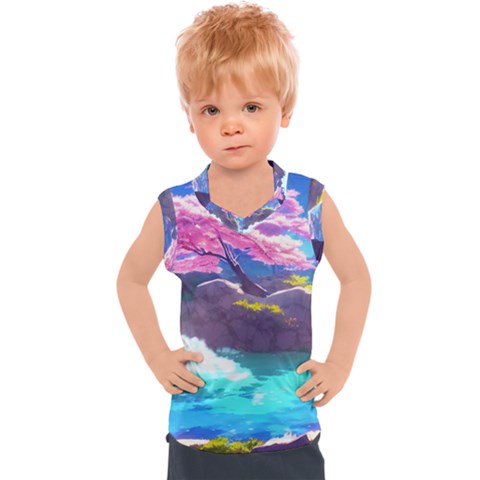 Fantasy Japan Mountains Cherry Blossoms Nature Kids  Sport Tank Top by Uceng